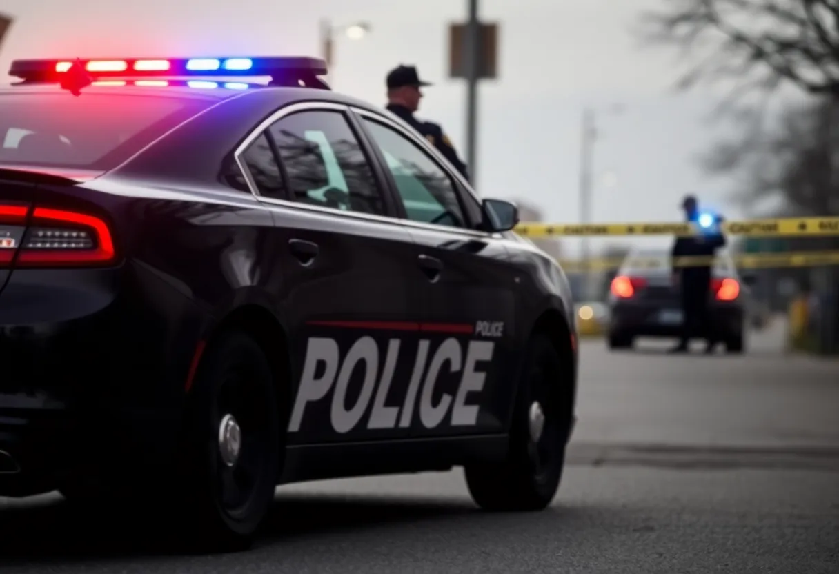 Police car at crime scene with caution tape in Lexington