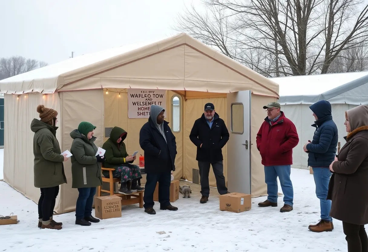 Illustration of a proposed temporary homeless shelter in Lexington, with discussions among community members.