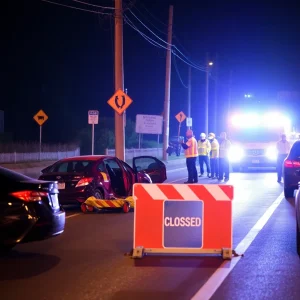 Emergency responders at the scene of a vehicle crash into utility poles in Lexington.
