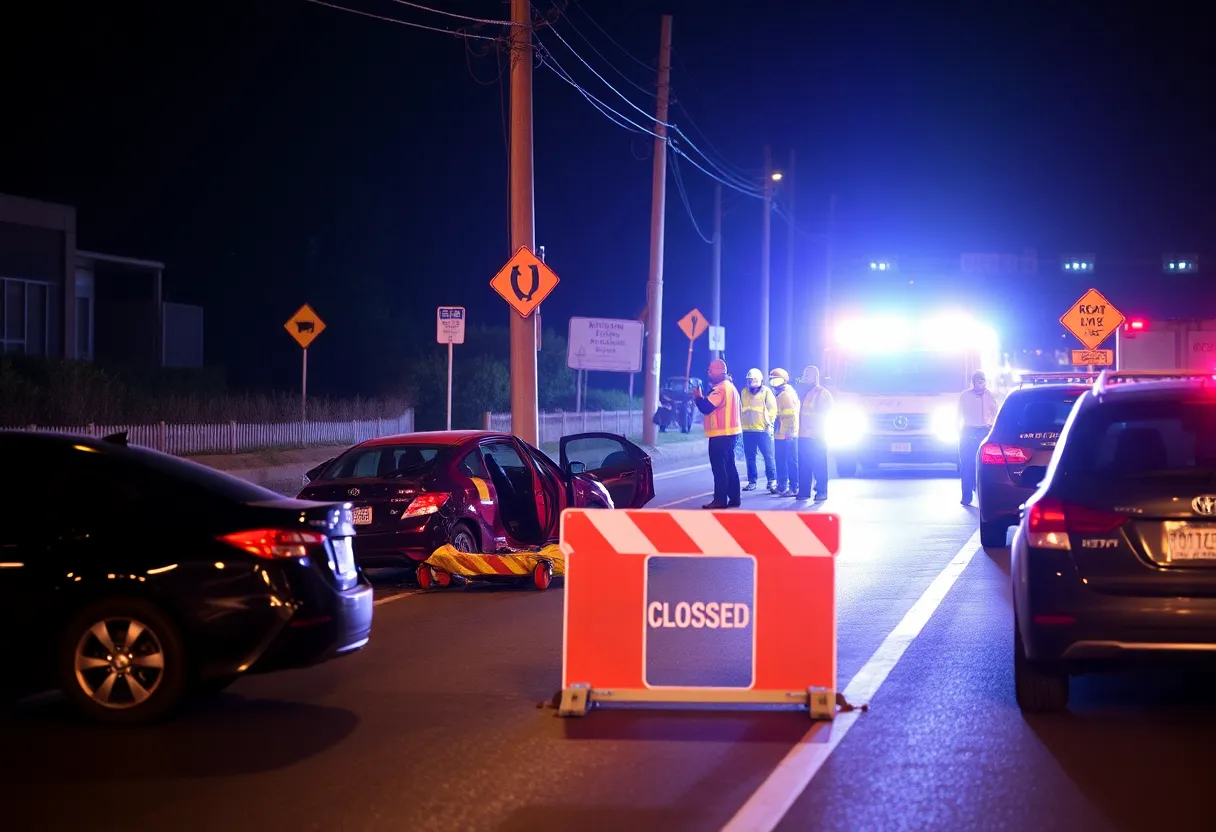 Emergency responders at the scene of a vehicle crash into utility poles in Lexington.
