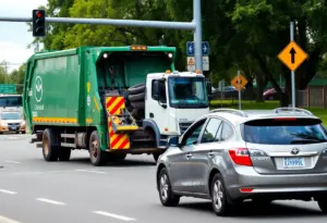 Scene of a traffic accident involving a garbage truck and passenger car at an intersection.