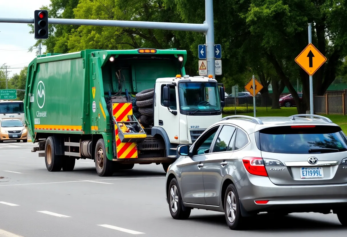 Scene of a traffic accident involving a garbage truck and passenger car at an intersection.