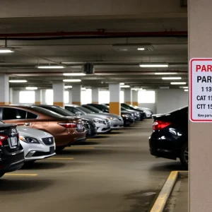 Parking garage in Lexington with new rates sign.