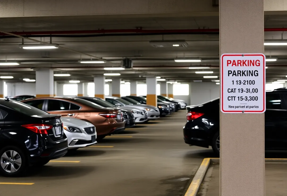 Parking garage in Lexington with new rates sign.
