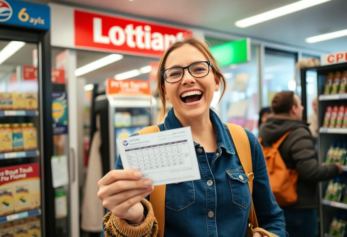 Woman celebrating her lottery win at a convenience store