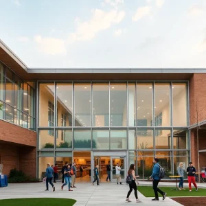 Exterior view of Mary E. Britton Middle School with students