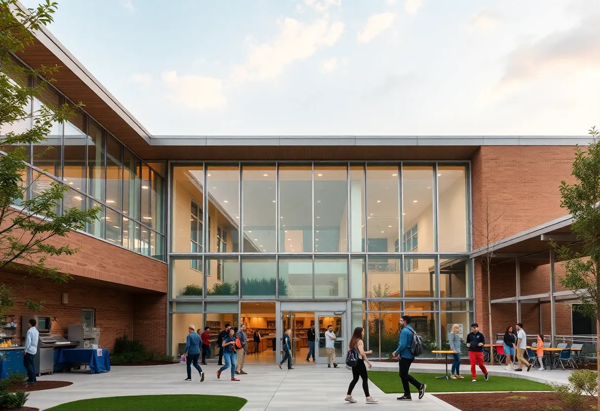 Exterior view of Mary E. Britton Middle School with students