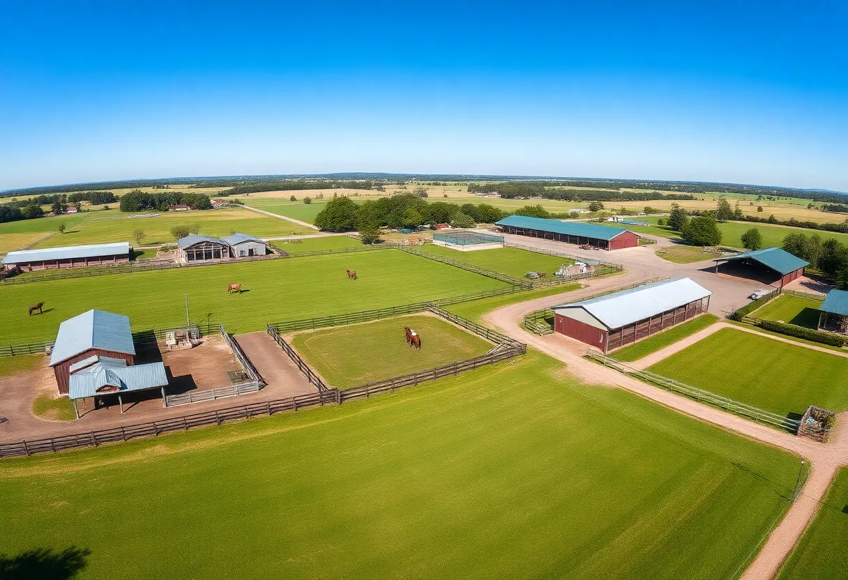 Panoramic view of McKathan Brothers' horse farm with paddocks and barns