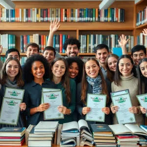 Individuals celebrating intellectual accomplishments in a library