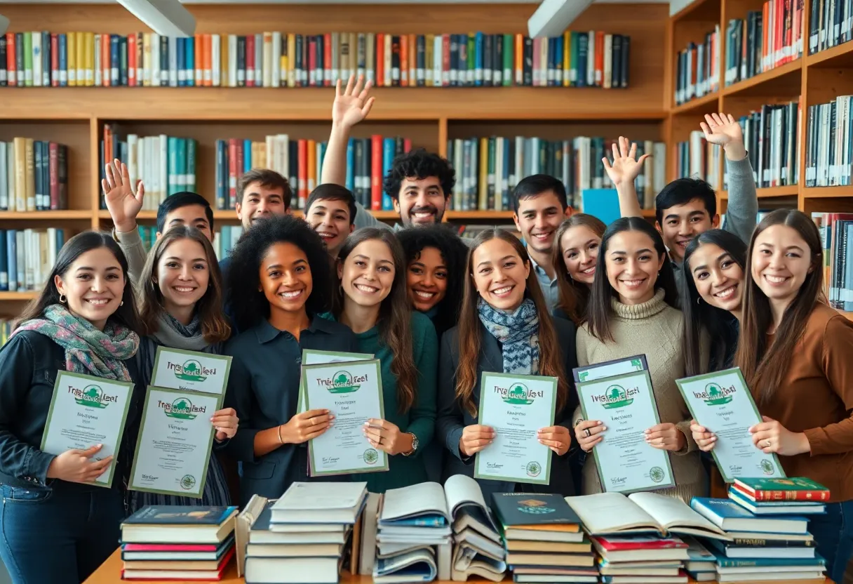 Individuals celebrating intellectual accomplishments in a library