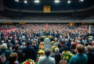 Crowd attending a solemn memorial service in a stadium.