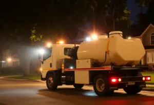 Truck spraying for mosquitoes in a neighborhood