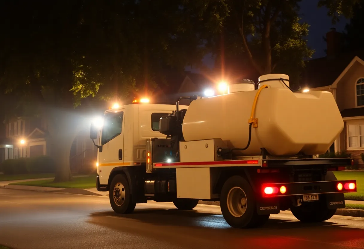 Truck spraying for mosquitoes in a neighborhood