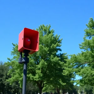 Outdoor warning siren installed in a Lexington park