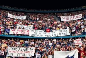 Fans in NFL stadium holding banners for victims of violence
