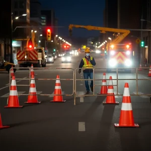 Construction zone on North Limestone with closure signs and barriers in Lexington, KY.