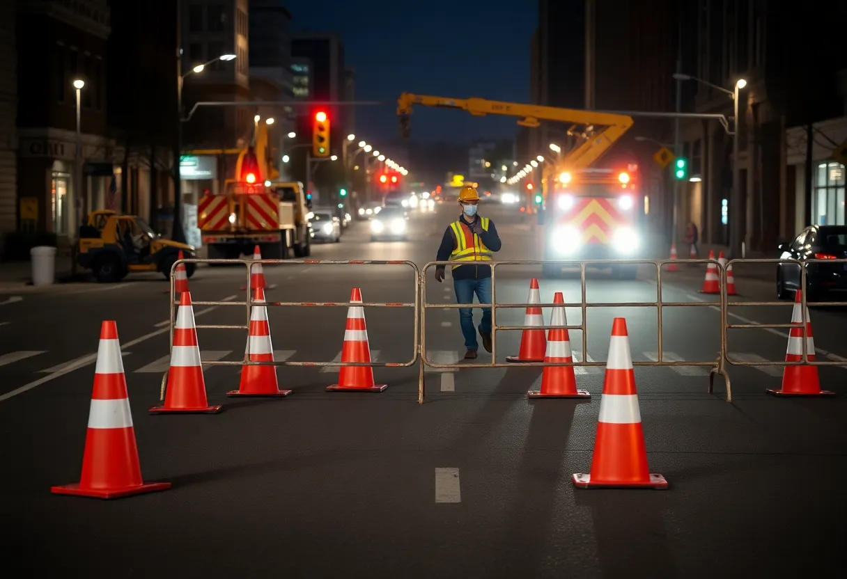 Construction zone on North Limestone with closure signs and barriers in Lexington, KY.
