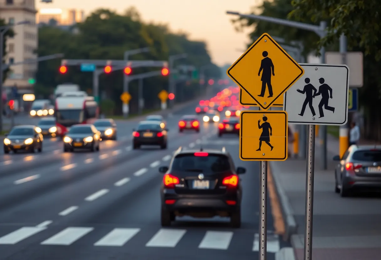 A view of a major road emphasizing pedestrian crosswalks and traffic signs