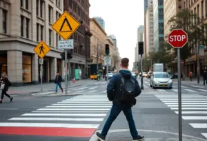 A busy city street with crosswalks and pedestrian signage.