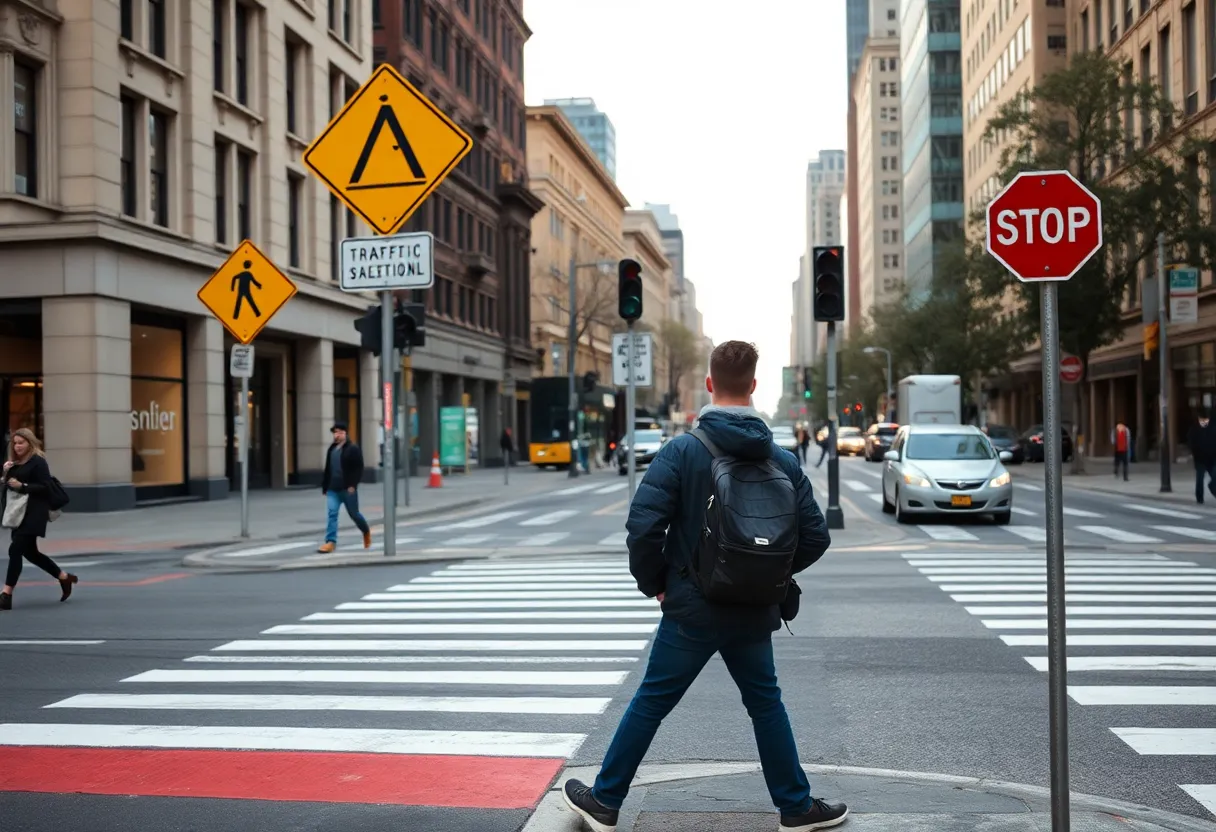 A busy city street with crosswalks and pedestrian signage.