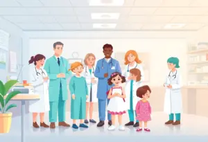 Illustration depicting a pediatric cancer research facility with children and healthcare professionals
