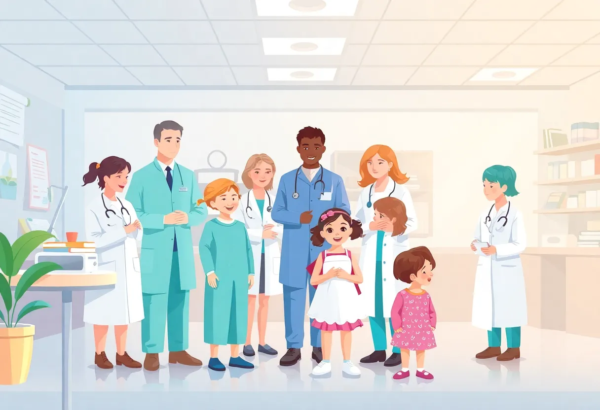 Illustration depicting a pediatric cancer research facility with children and healthcare professionals
