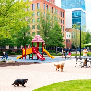 Family enjoying the newly renovated Phoenix Park in downtown Lexington