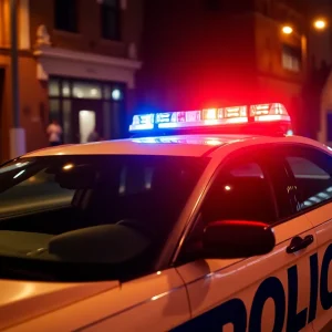 Police car with flashing lights in downtown Lexington at night