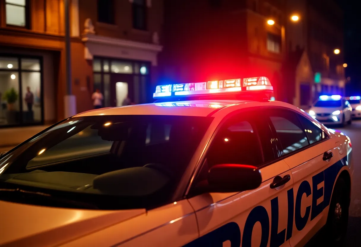 Police car with flashing lights in downtown Lexington at night