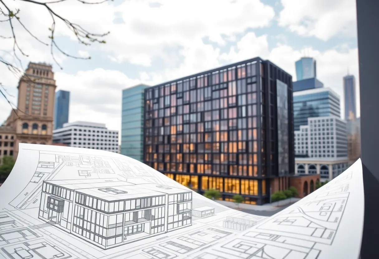 Architectural rendering of a high-rise student housing building