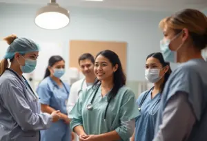 Healthcare professionals assisting patients in a hospital setting