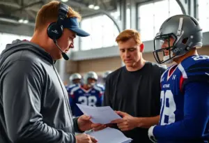 Coach reviewing football team status and strategies