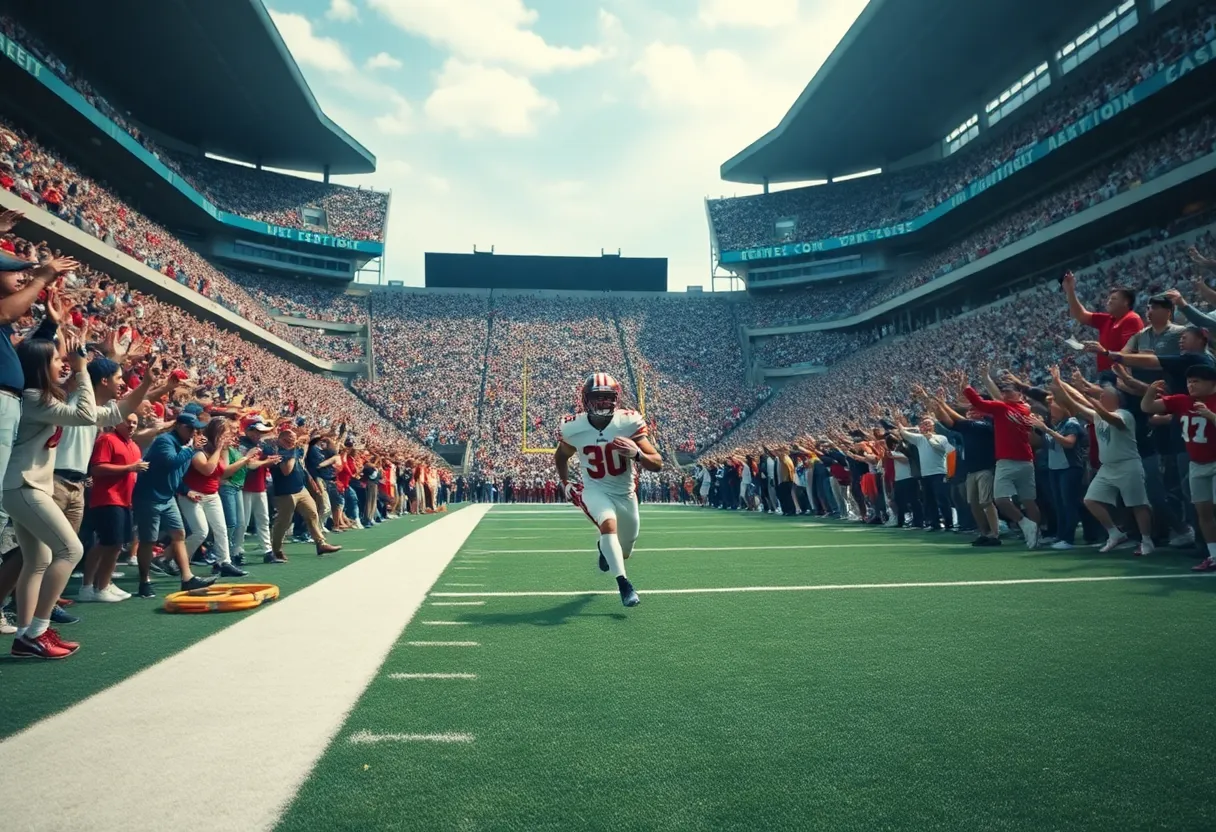 Kentucky football player celebrating a touchdown in a stadium