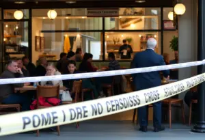 Police tape surrounding a cafe scene