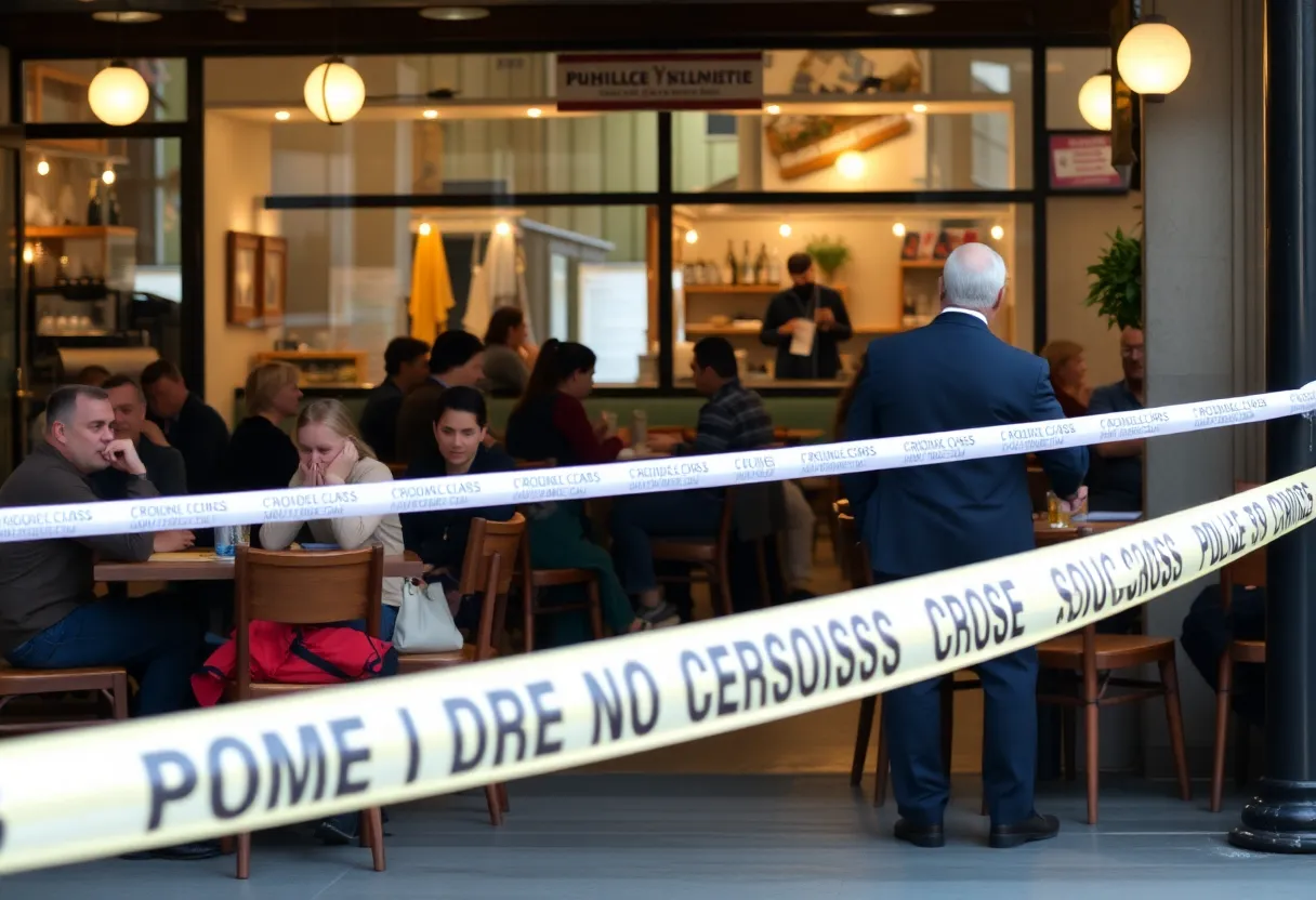 Police tape surrounding a cafe scene