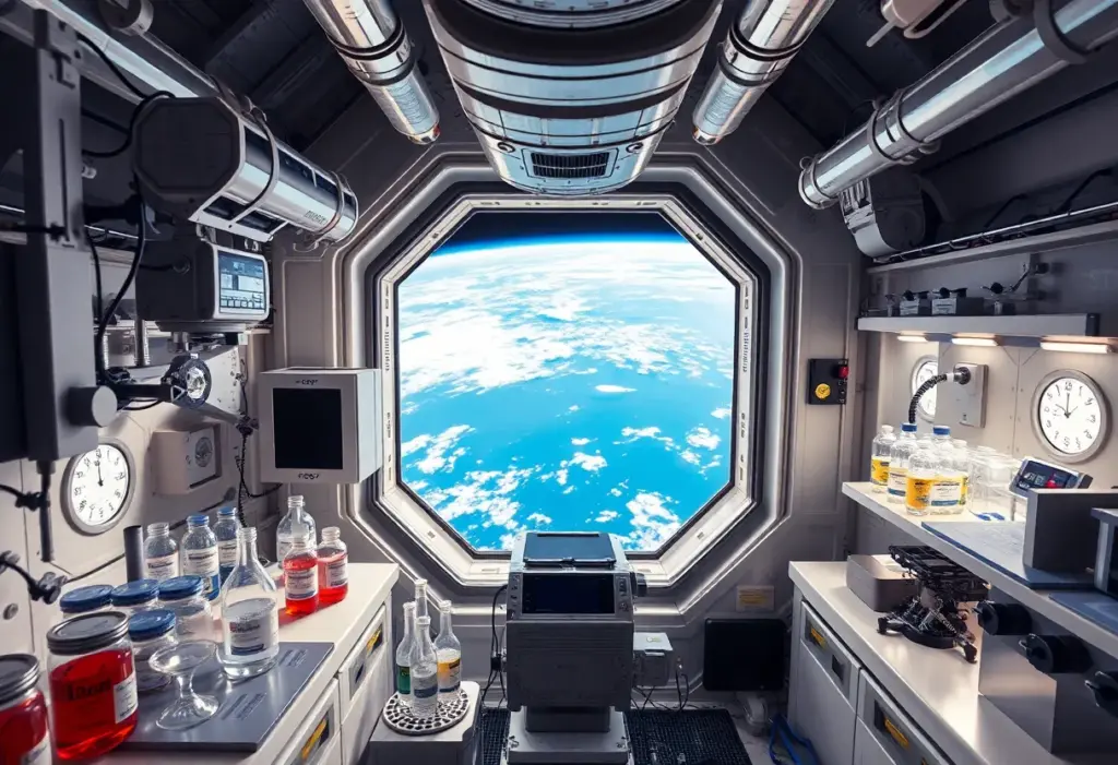 Futuristic microgravity laboratory in space conducting biomedical research