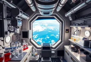 Futuristic microgravity laboratory in space conducting biomedical research