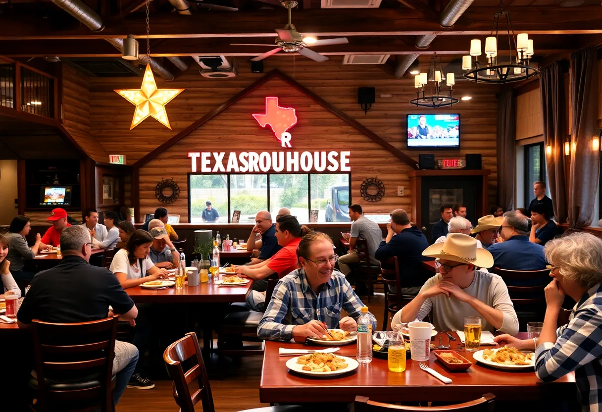 Interior view of Texas Roadhouse restaurant with customers dining.