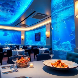 Interior view of The V restaurant showcasing blue lighting and seafood dishes.