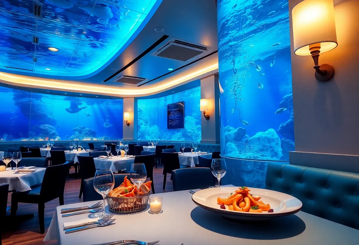 Interior view of The V restaurant showcasing blue lighting and seafood dishes.