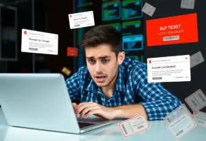 Illustration of a frustrated user encountering TicketMaster error on laptop.