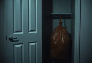 Closet with trash bag representing a tragic event involving a deceased newborn.