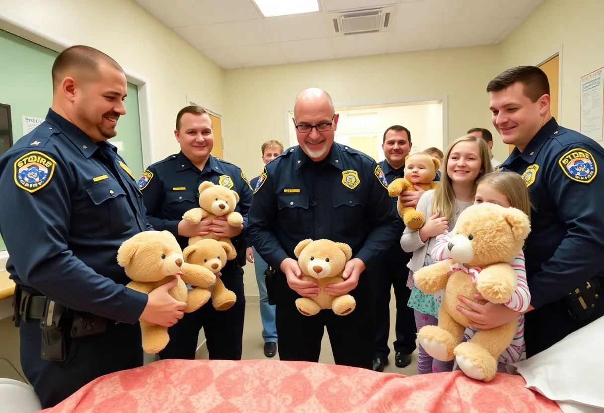 Troopers distributing teddy bears to children in hospital