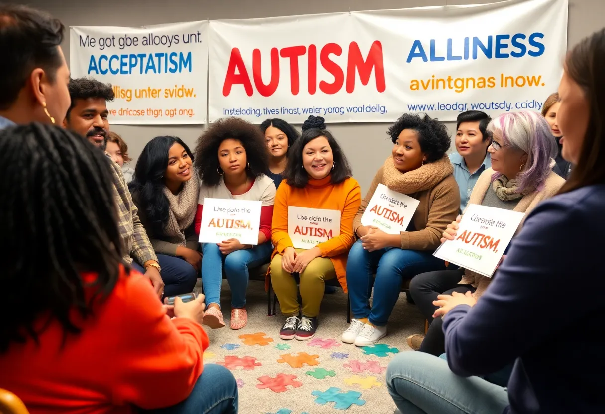 Parents and advocates discussing autism awareness in a supportive setting