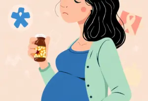 A pregnant woman concerned about Tylenol use and autism labels near her medication.