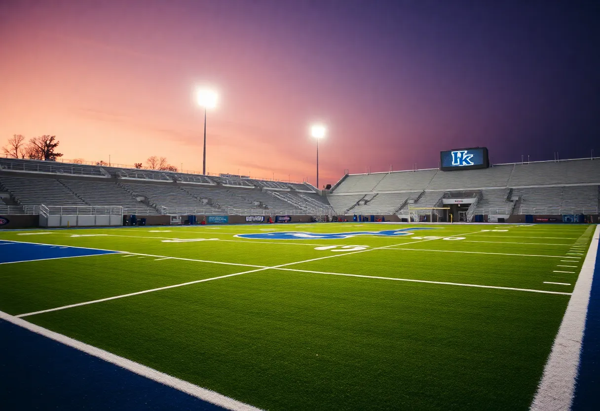 Quiet University of Kentucky football field at dusk.