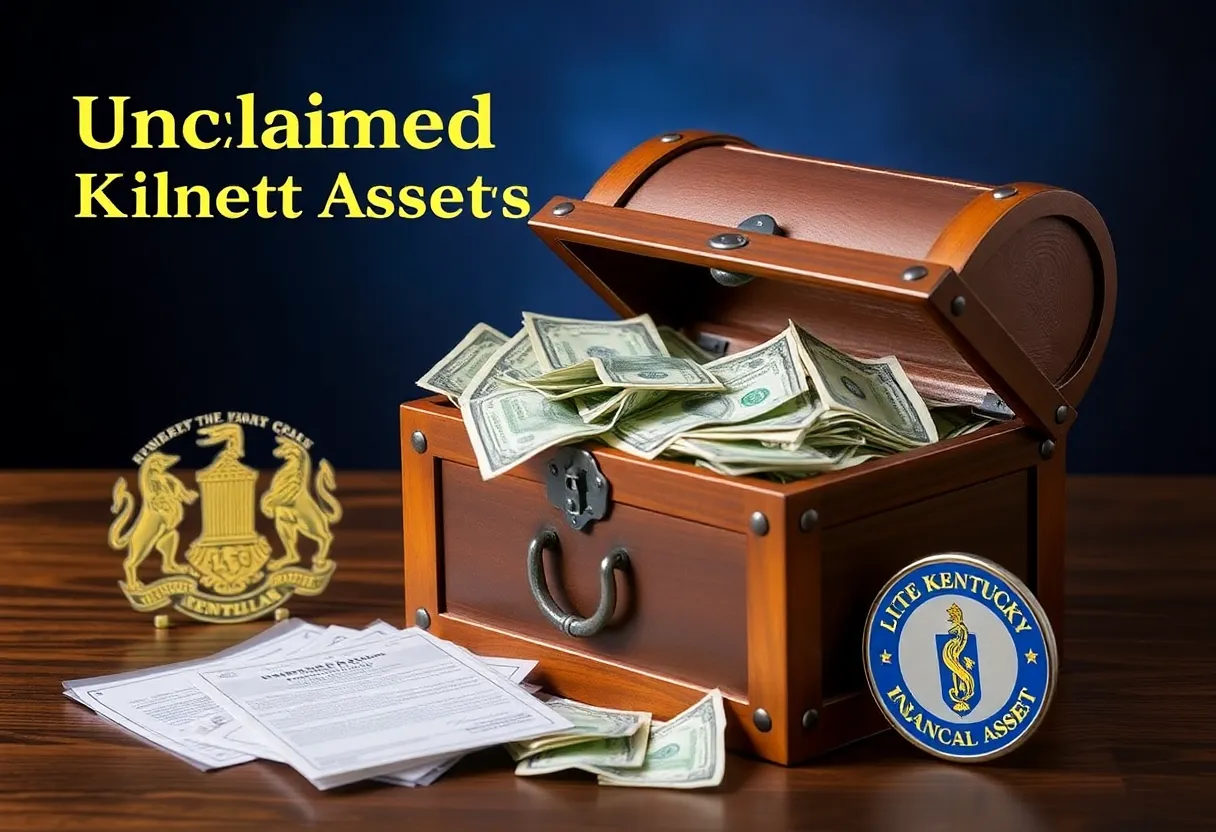 Treasure chest filled with unclaimed assets and Kentucky state emblem