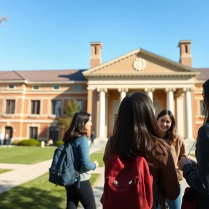 University campus with students, symbolizing community and values.