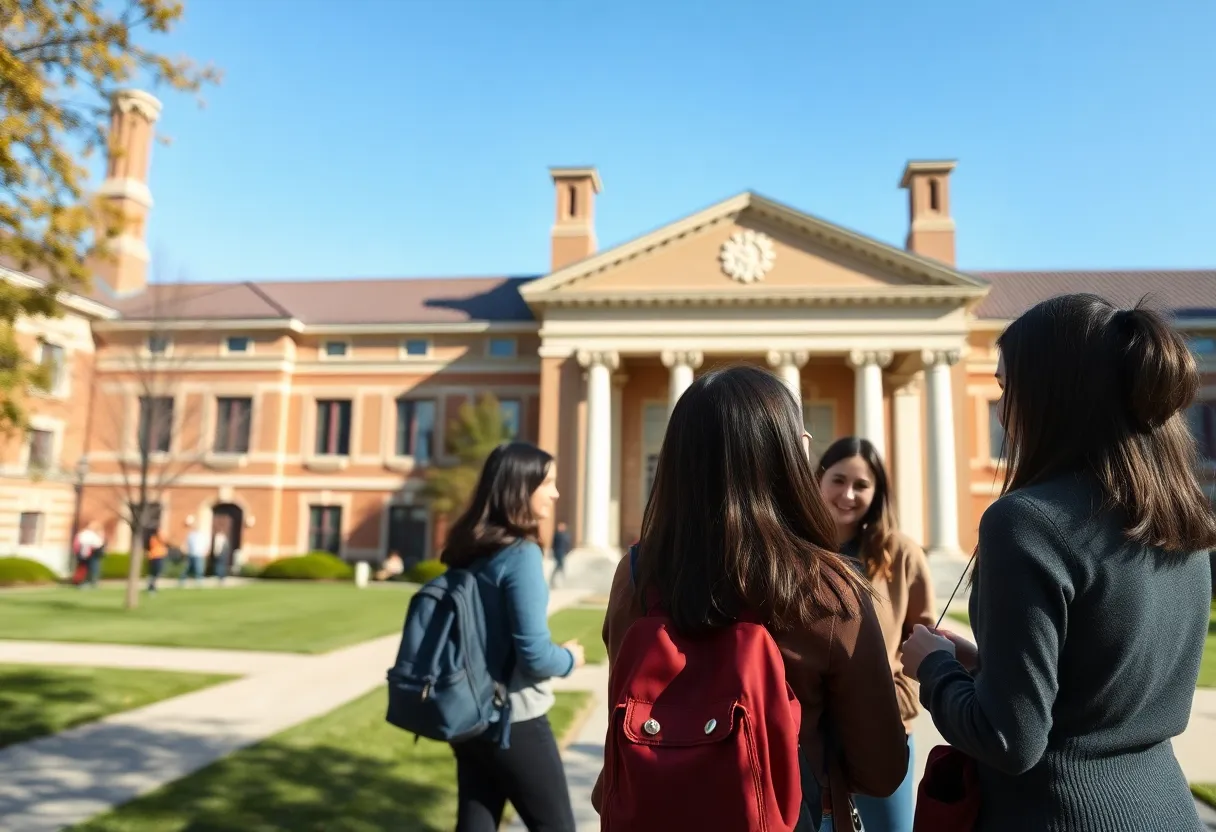 University campus with students, symbolizing community and values.
