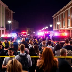 Crowd of university students reacting to a shooting incident.